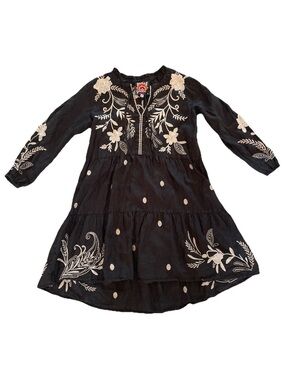 Johnny Was Linen Frankie Tiered Field Dress Womens XS Black Floral Embroidered